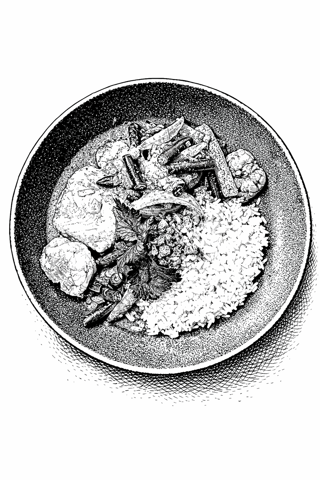 Fish and shrimp red curry over rice.