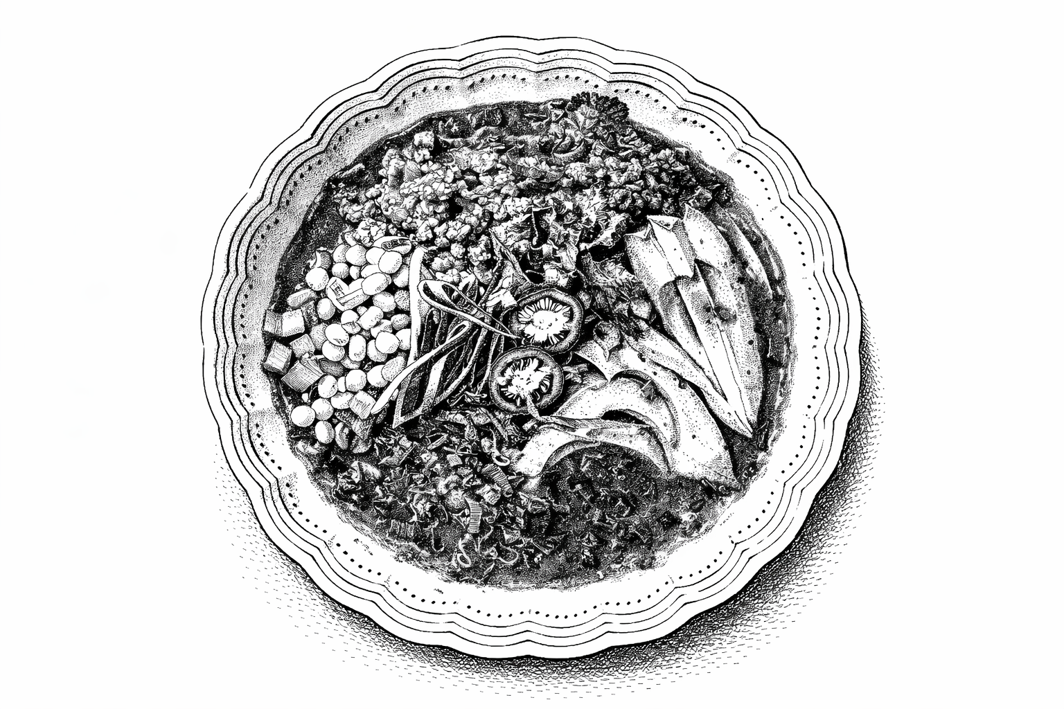 Fusion "Tex Mex Ramen" - Broth with tomato, jalapeño, cilantro, cumin, paprika. Topped with sofritas, corn pico de gallo, avocado, jalapeños.