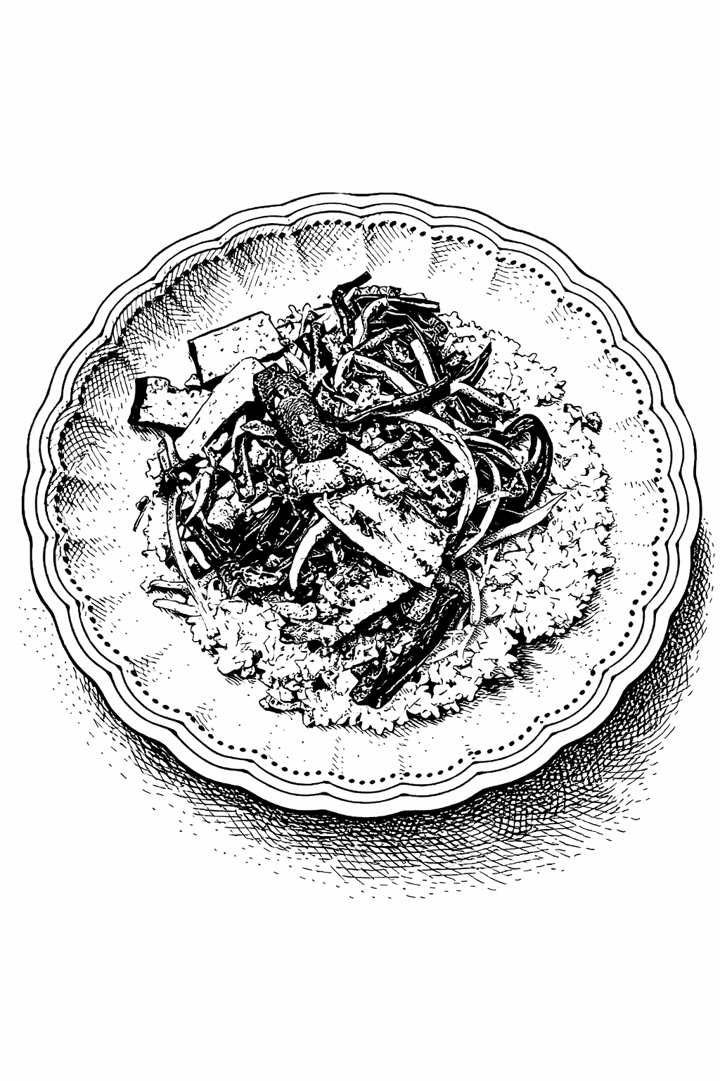 Stir fry tofu, bean sprouts and garlic chives served over jasmine rice